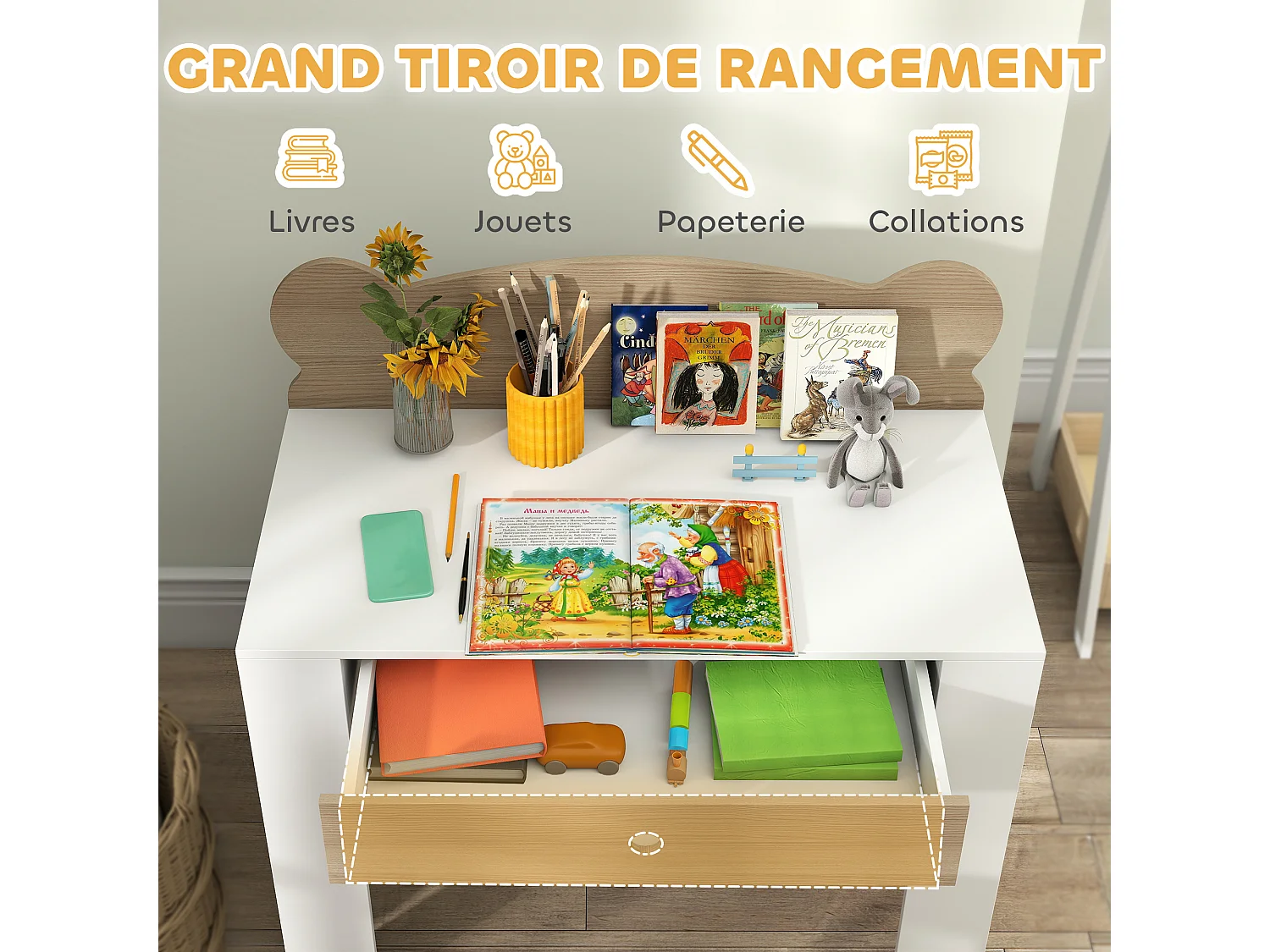 Ensemble bureau et chaise enfant design ourson - grand tiroir - blanc effet bois naturel