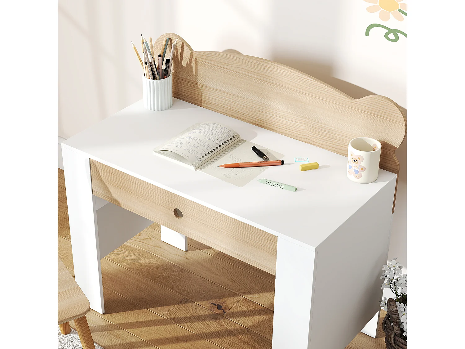 Ensemble bureau et chaise enfant design ourson - grand tiroir - blanc effet bois naturel