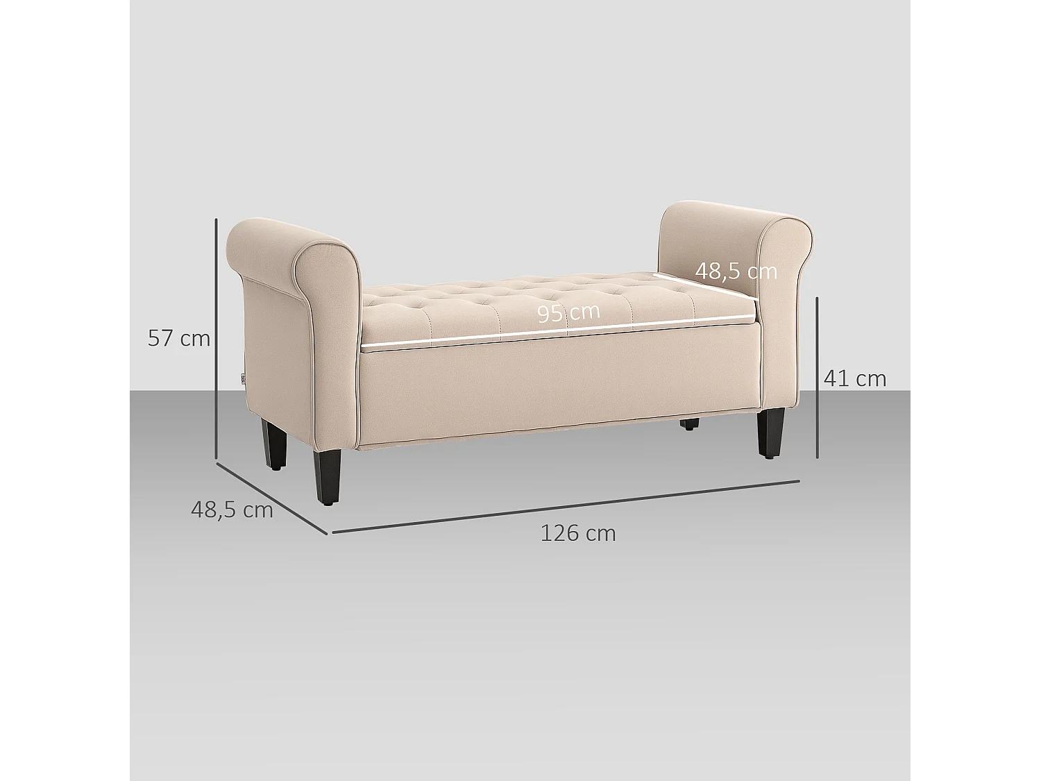 Banc coffre banquette coffre de rangement velours dim. 126 x 48,5 x 57 cm piètement bois hévéa noir beige