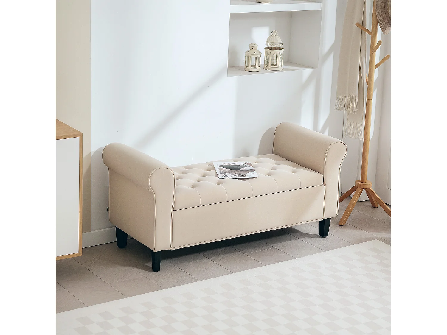 Banc coffre banquette coffre de rangement velours dim. 126 x 48,5 x 57 cm piètement bois hévéa noir beige