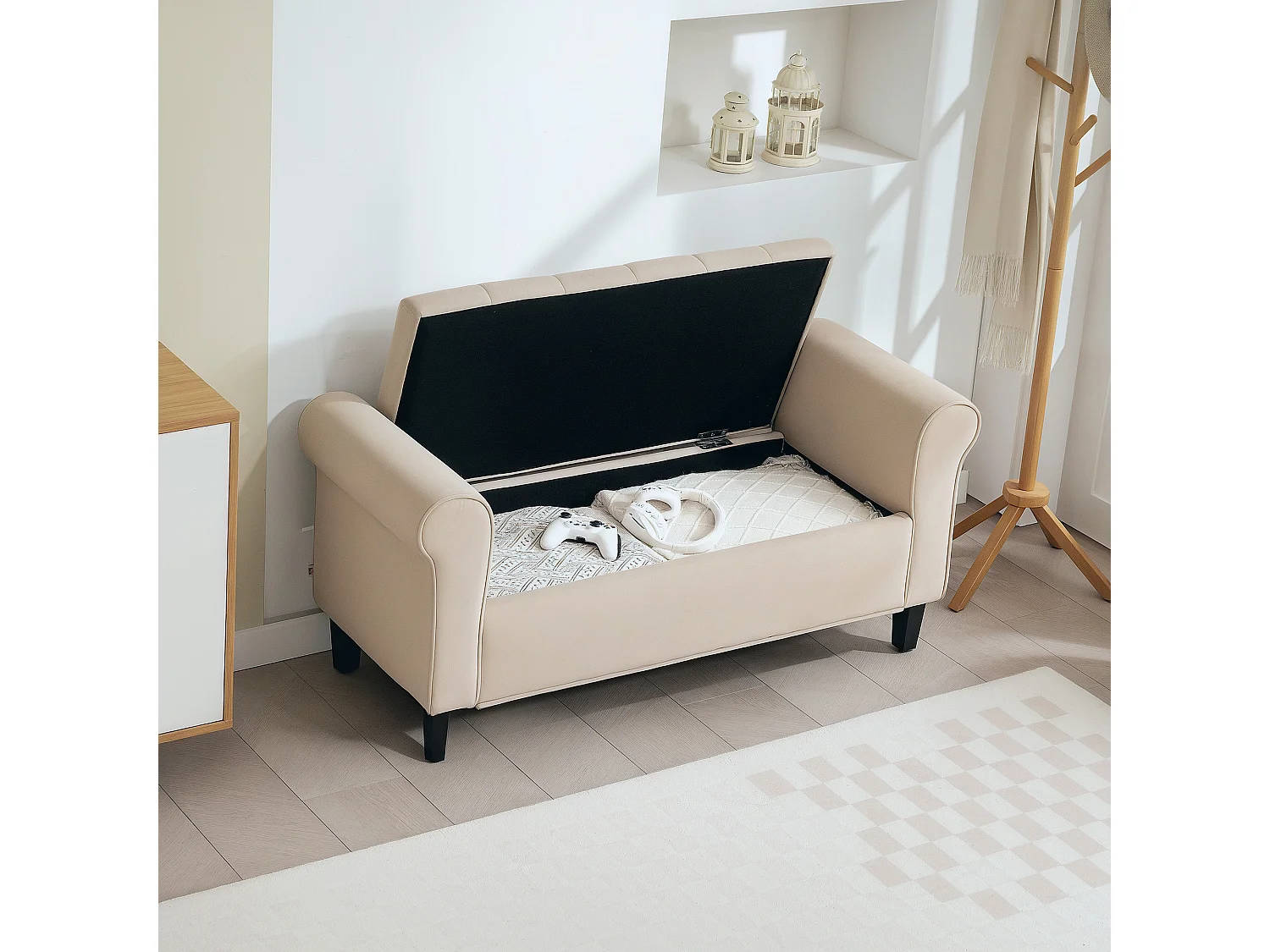 Banc coffre banquette coffre de rangement velours dim. 126 x 48,5 x 57 cm piètement bois hévéa noir beige