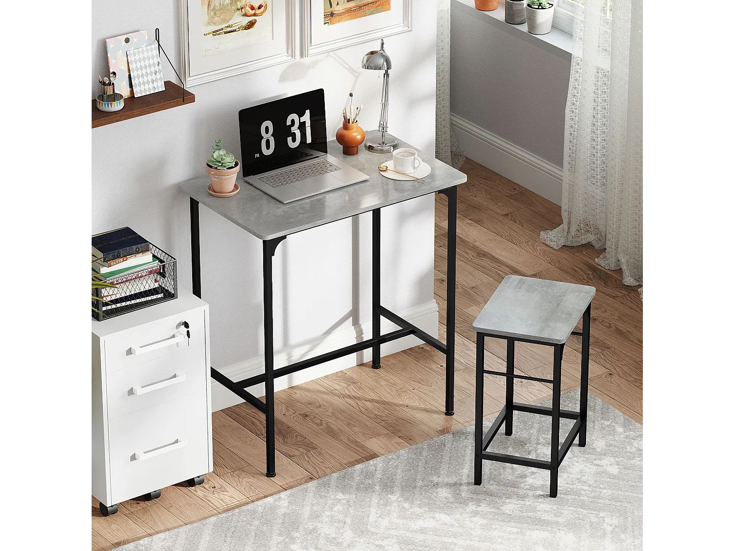 Ensemble table de bar avec 2 tabourets acier noir effet bois gris