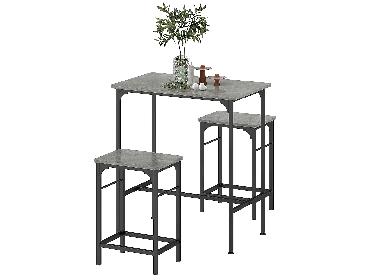 Ensemble table de bar avec 2 tabourets acier noir effet bois gris