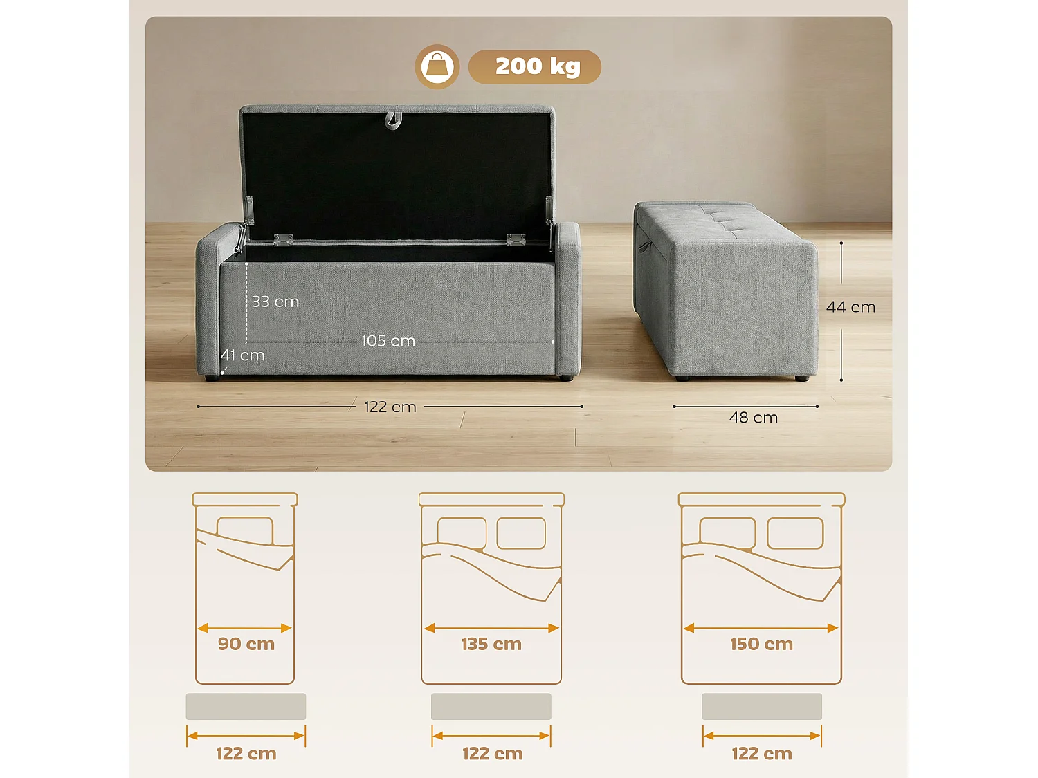 Banquette coffre 2 en 1 - bout de lit - assise effet capitonné - tissu gris clair