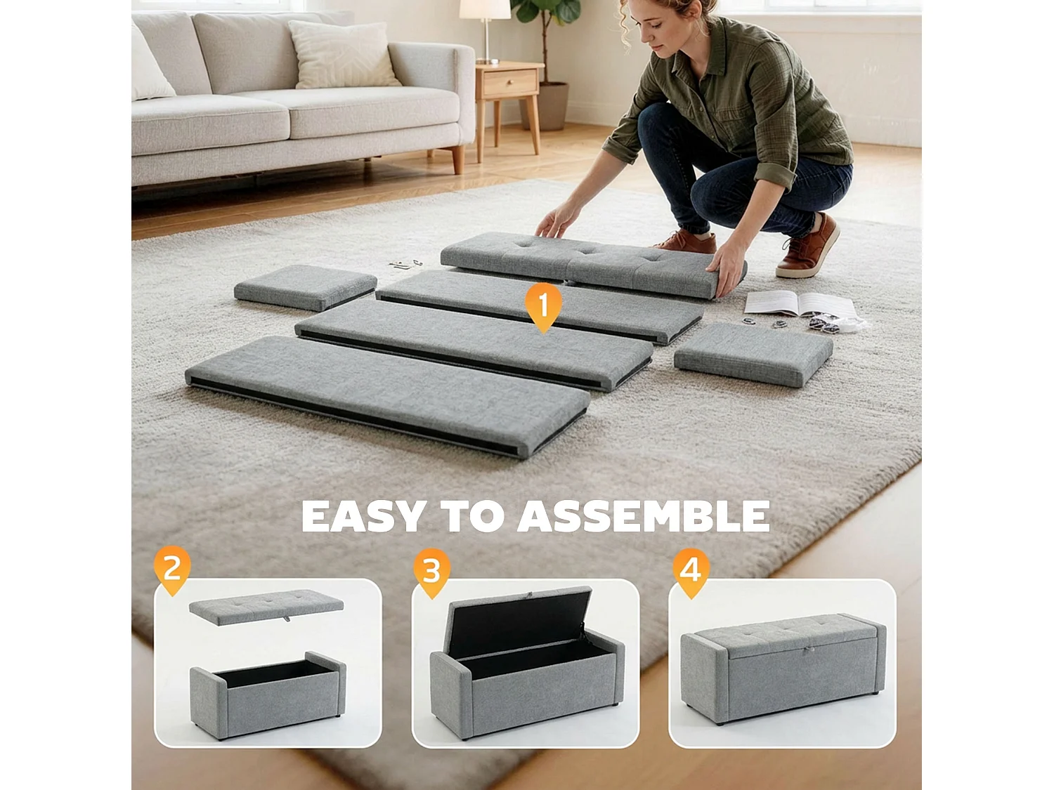 Banquette coffre 2 en 1 - bout de lit - assise effet capitonné - tissu gris clair