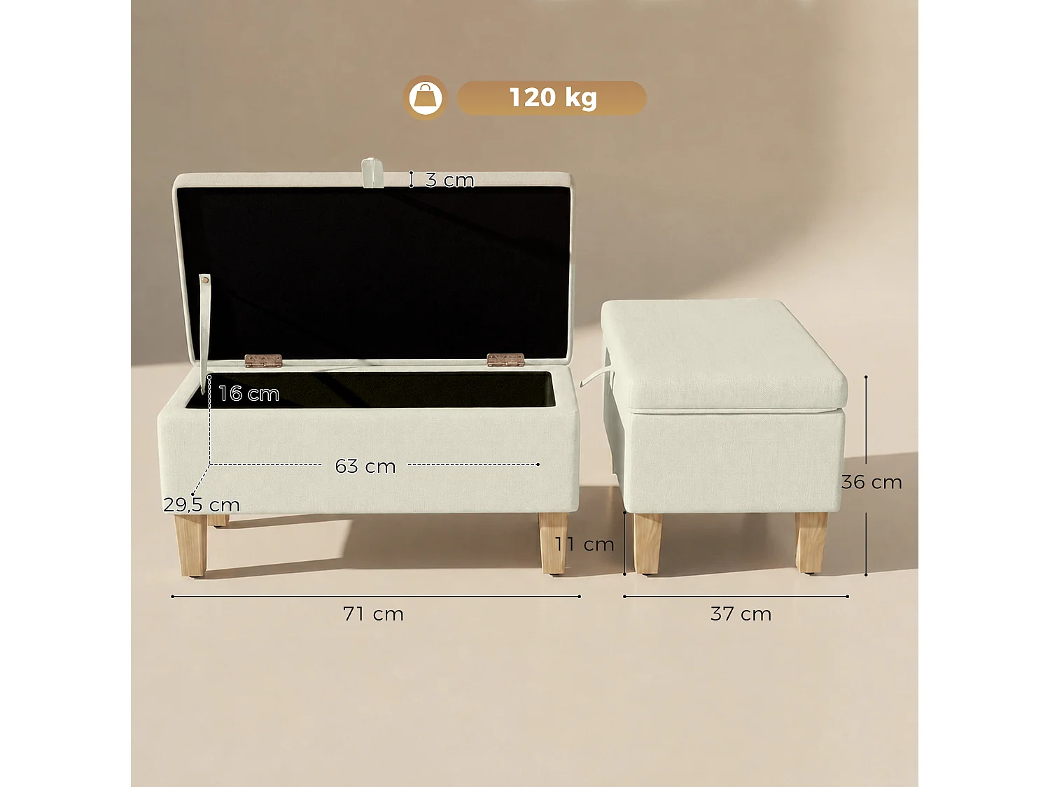 Banquette coffre une place bois tissu beige