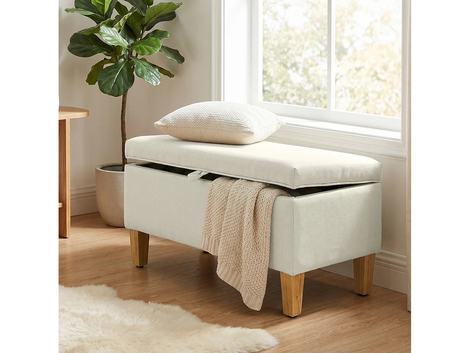 Banquette coffre une place bois tissu beige