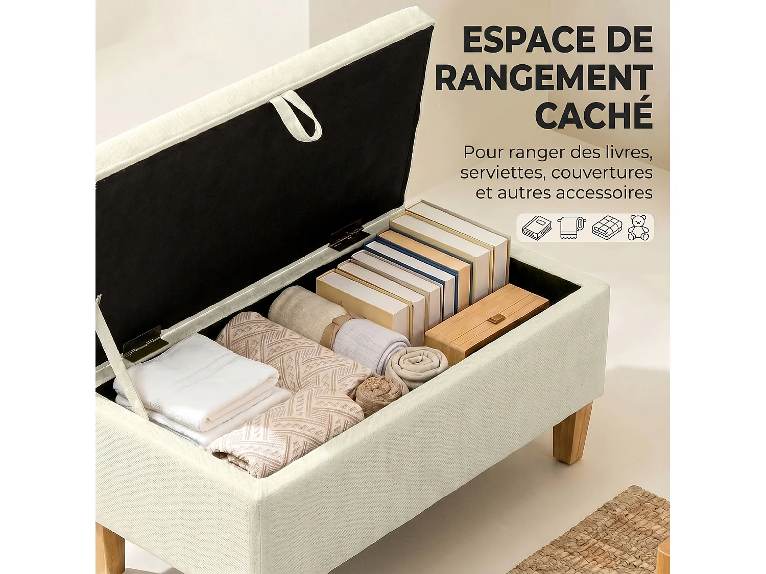 Banquette coffre une place bois tissu beige