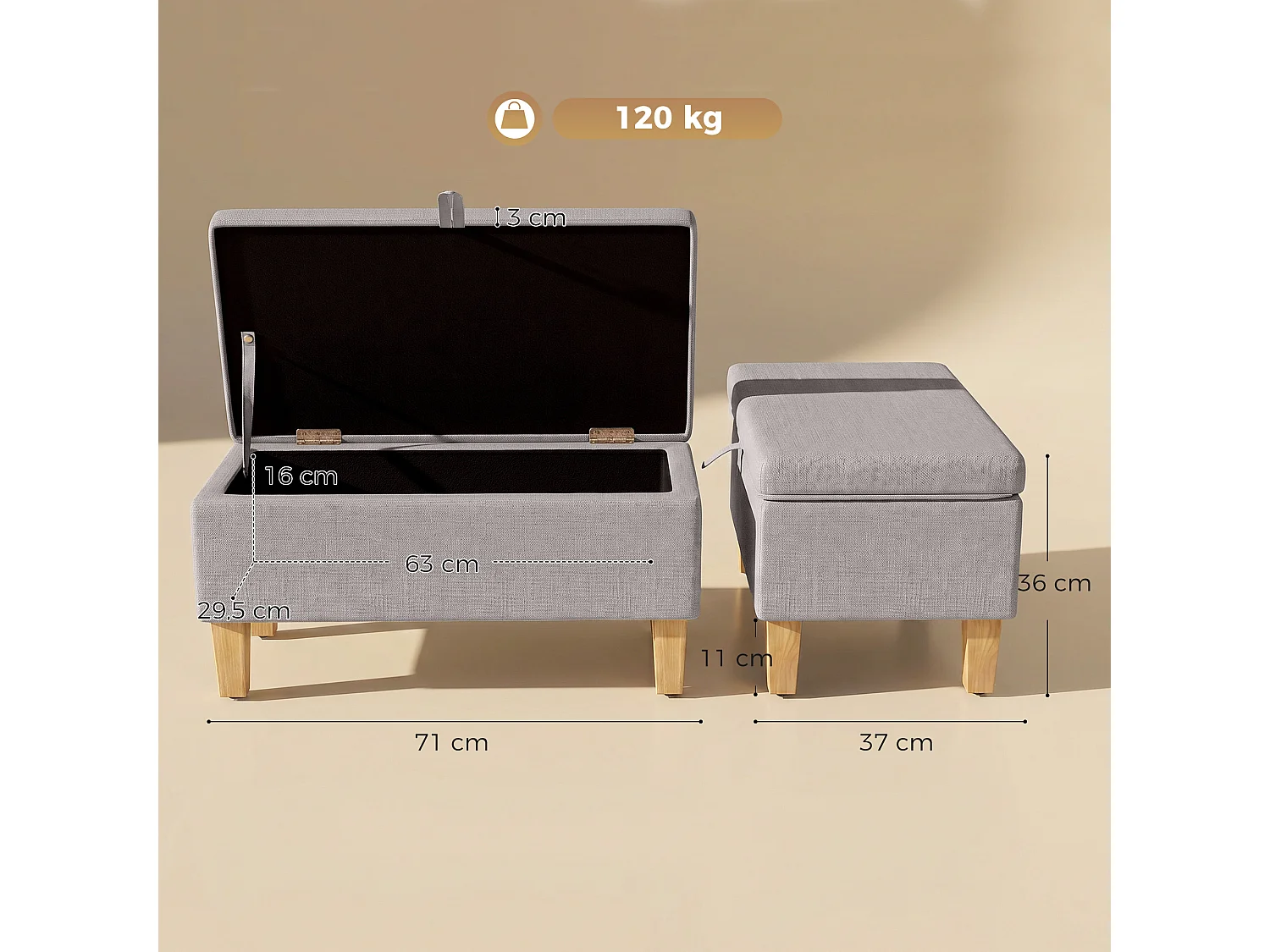 Banquette coffre une place bois tissu gris clair
