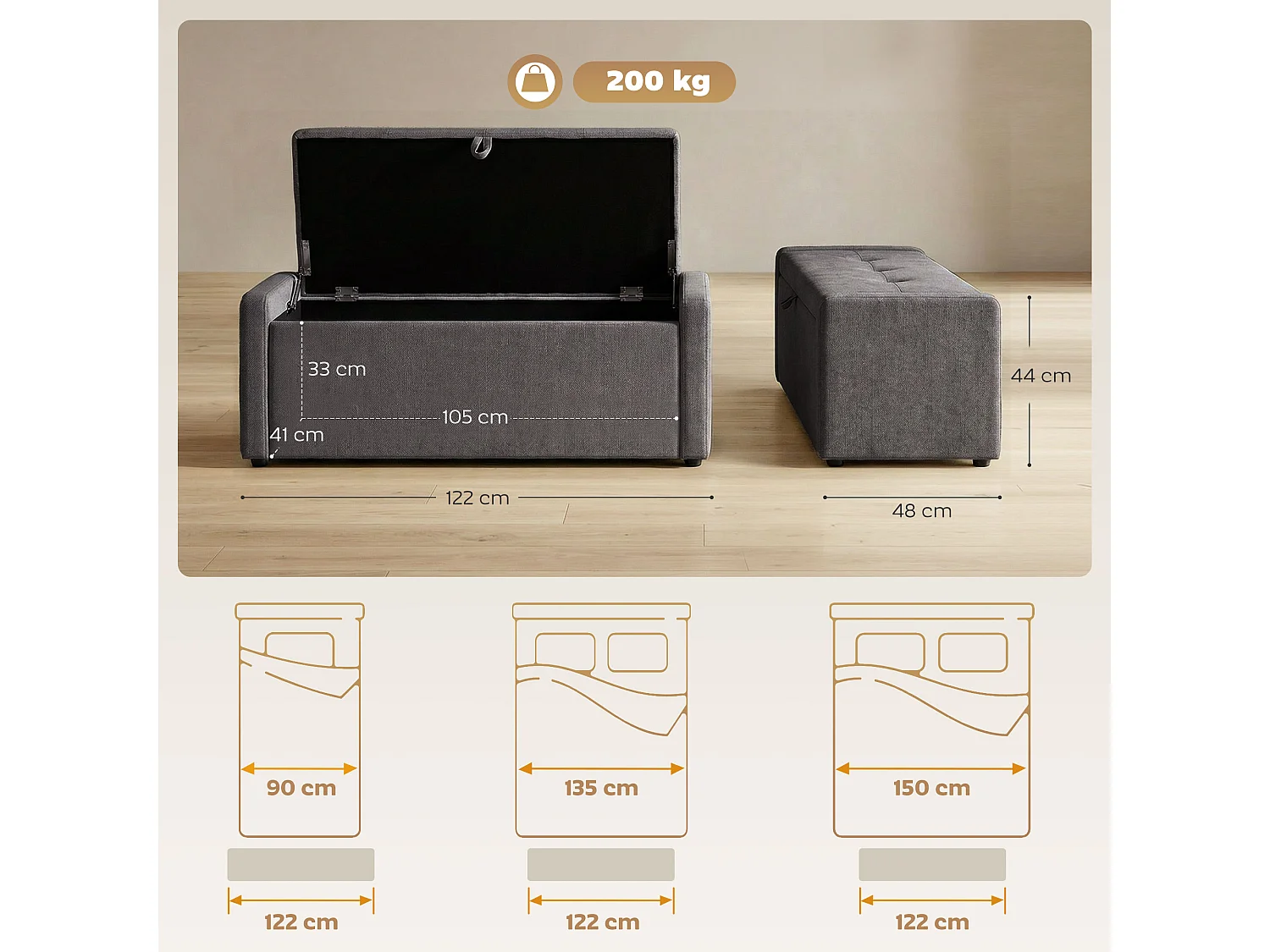 Banquette coffre 2 en 1 - bout de lit - assise effet capitonné - tissu anthracite