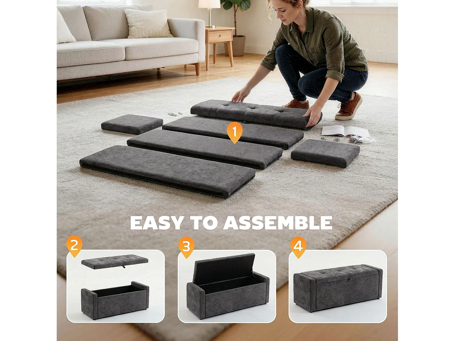 Banquette coffre 2 en 1 - bout de lit - assise effet capitonné - tissu anthracite