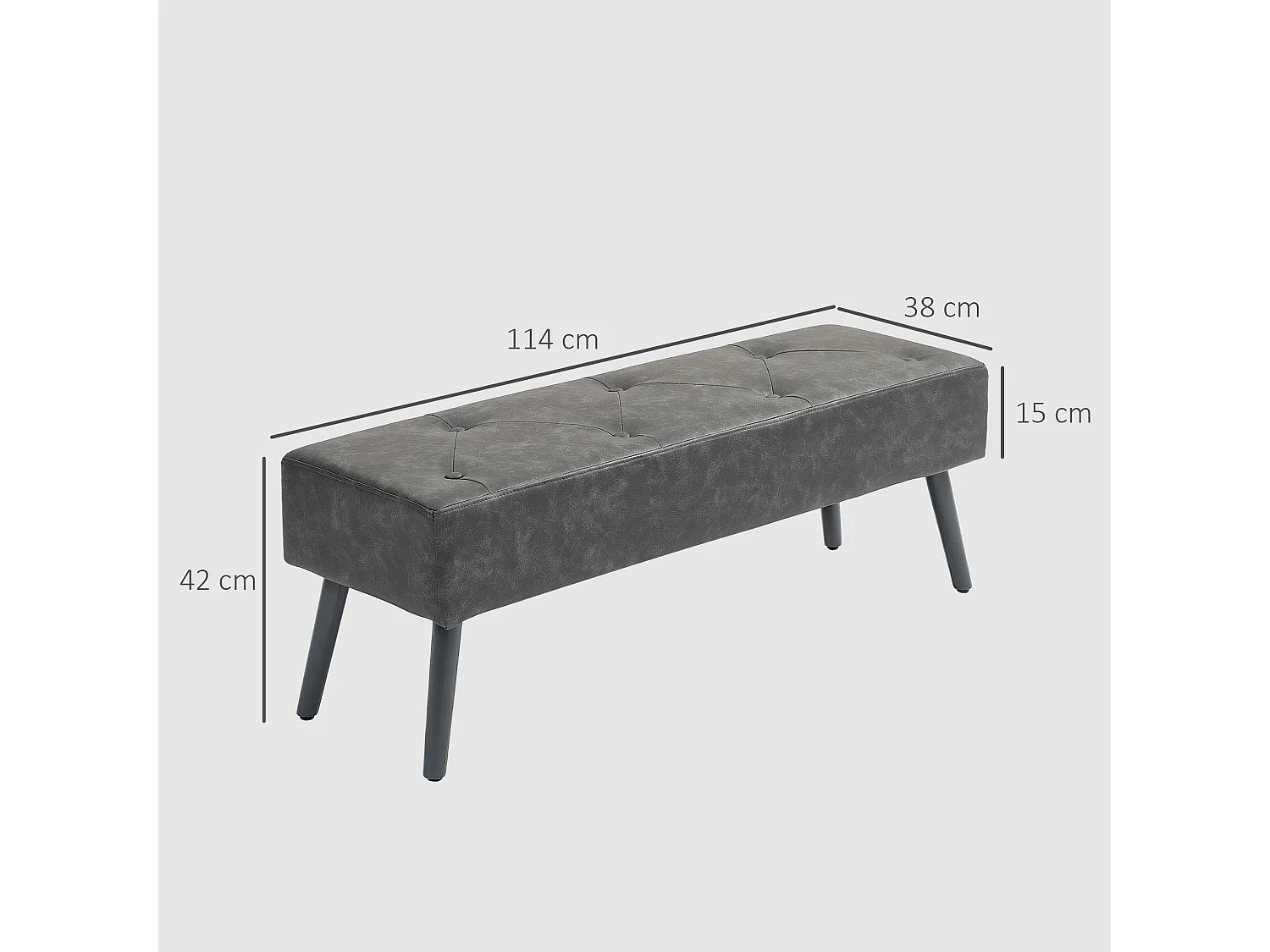 Banc banquette capitonnée style classique chic bois hévéa revêtement synthétique gris effet vieilli