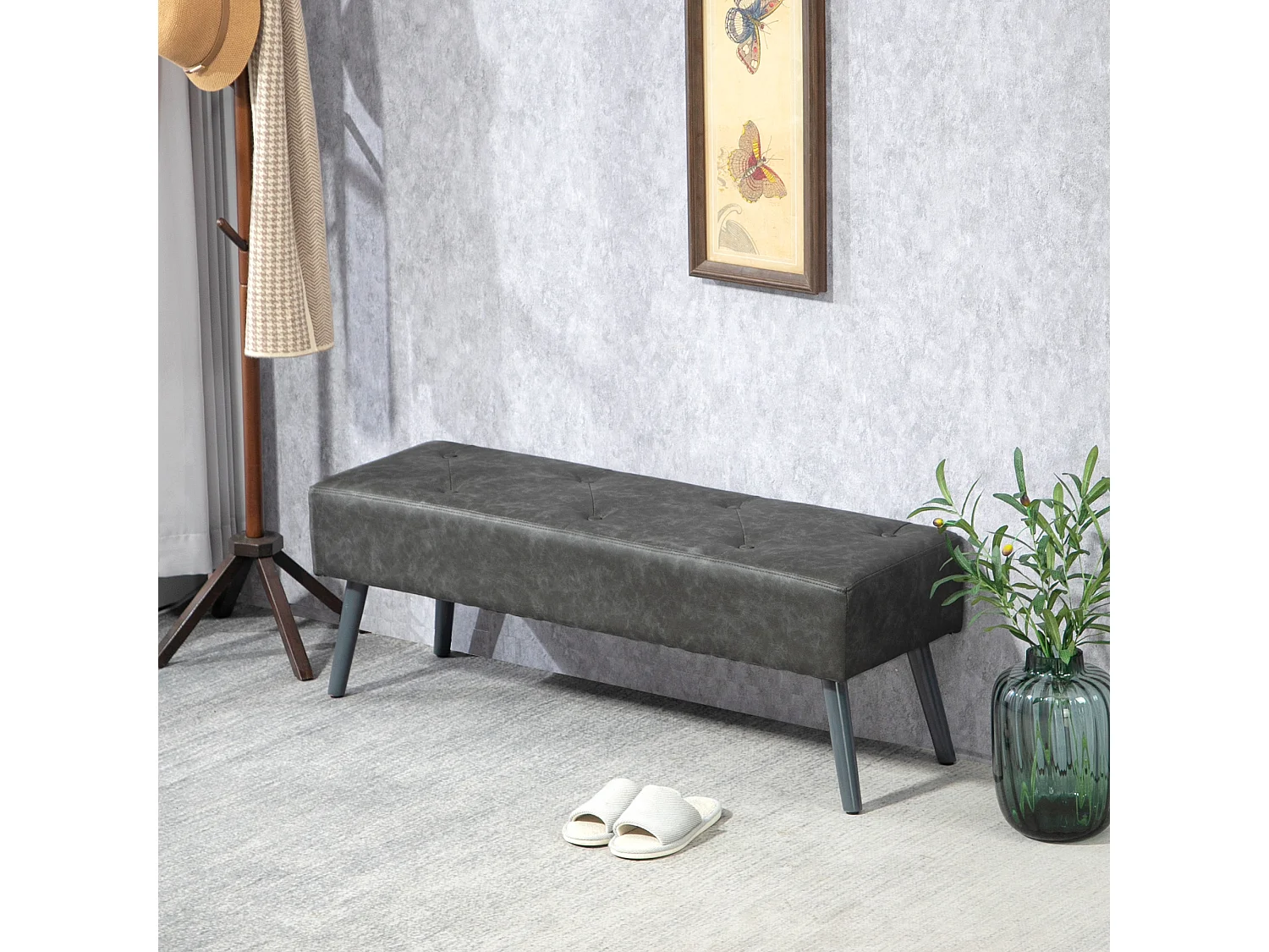 Banc banquette capitonnée style classique chic bois hévéa revêtement synthétique gris effet vieilli