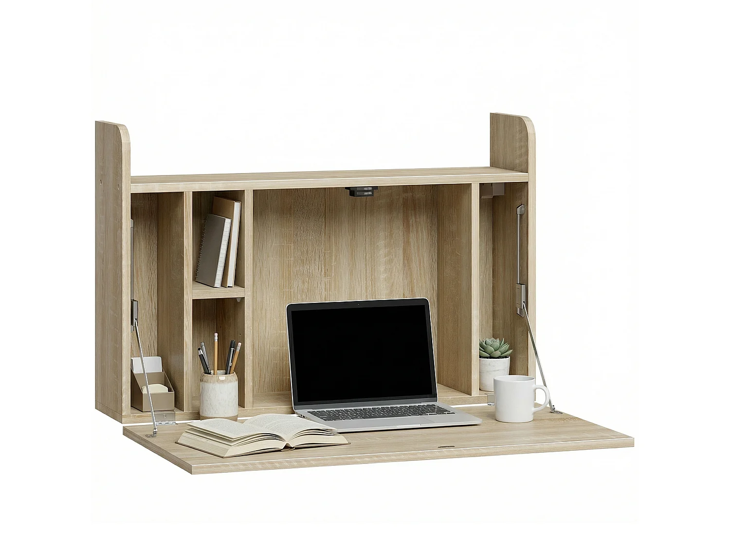 Bureau mural pliable - table murale rabattable - 5 niches, étagère - effet bois clair