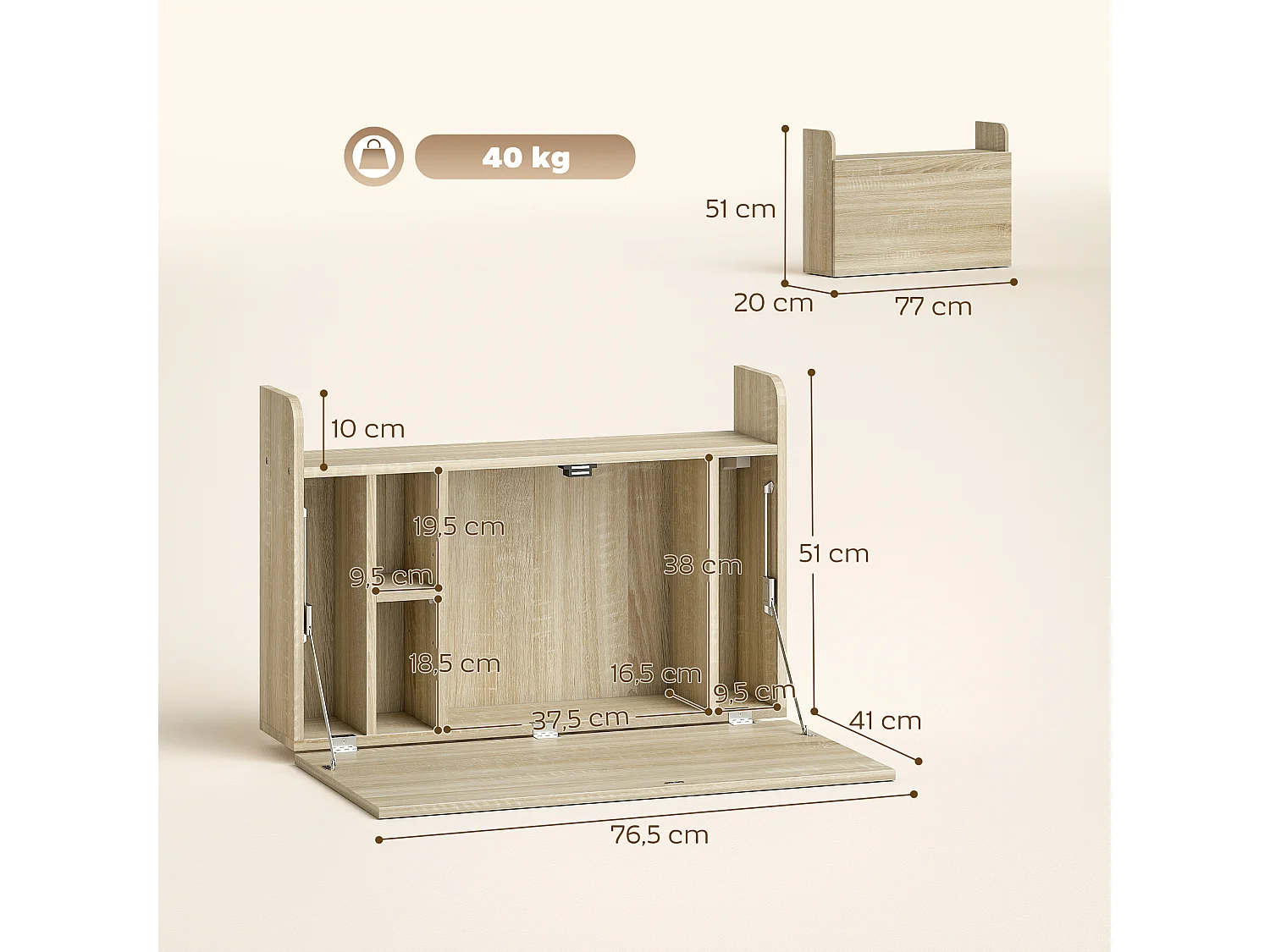 Bureau mural pliable - table murale rabattable - 5 niches, étagère - effet bois clair