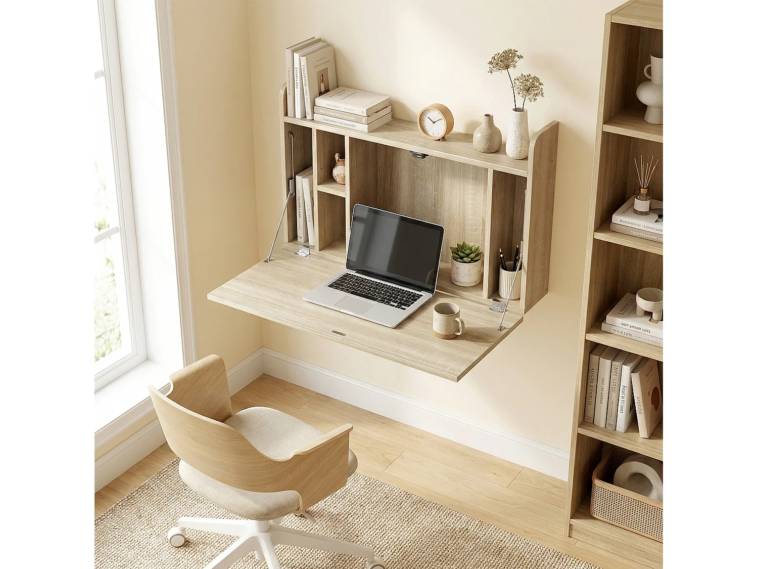 Bureau mural pliable - table murale rabattable - 5 niches, étagère - effet bois clair