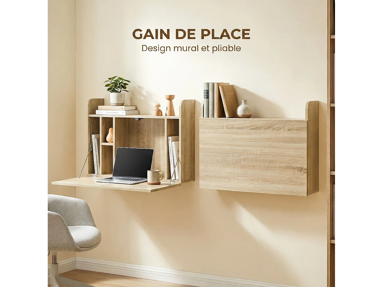 Bureau mural pliable - table murale rabattable - 5 niches, étagère - effet bois clair