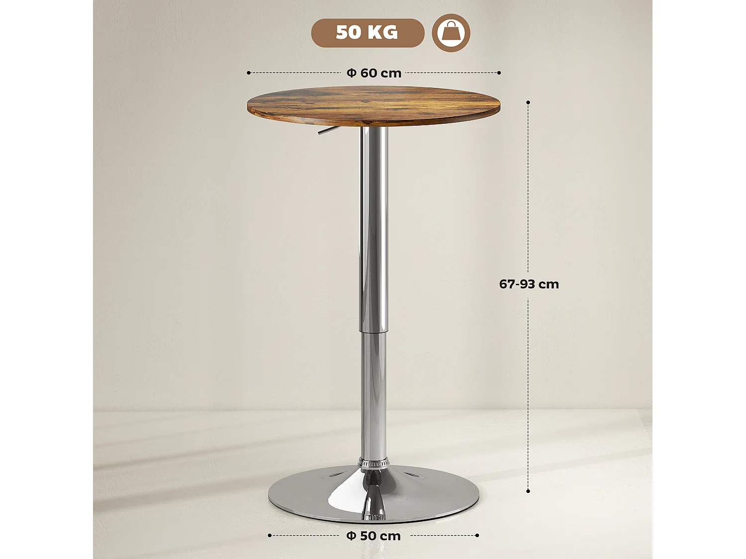 Table de bar ronde table design bistro chic réglable H.67-93cm dia.60cm métal chromé effet bois