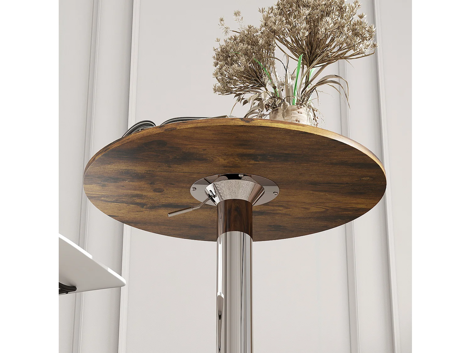 Table de bar ronde table design bistro chic réglable H.67-93cm dia.60cm métal chromé effet bois