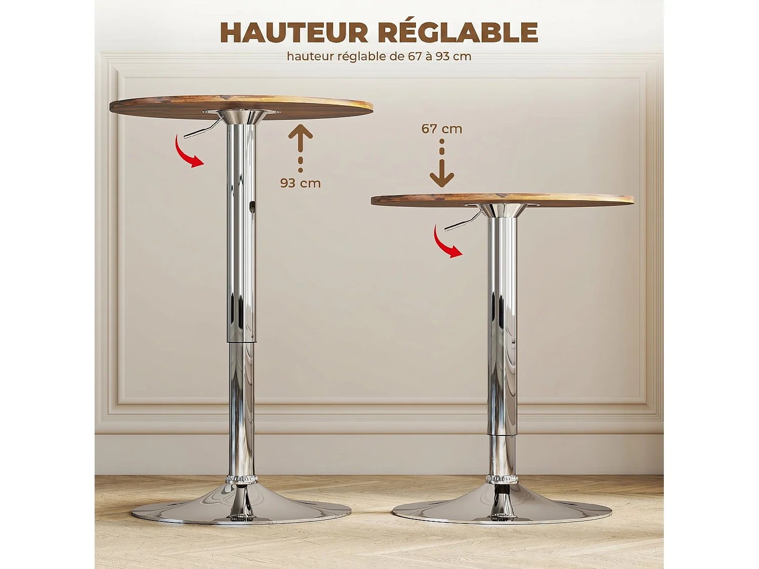 Table de bar ronde table design bistro chic réglable H.67-93cm dia.60cm métal chromé effet bois