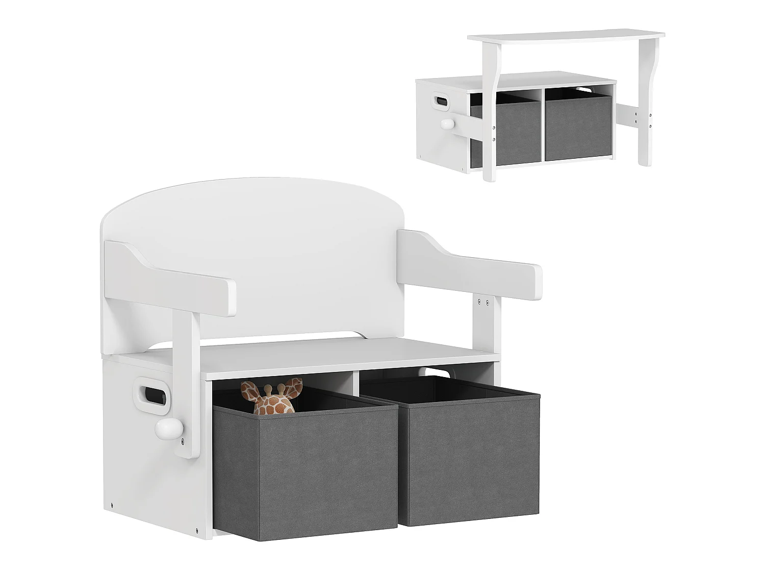 Banc enfant bureau enfant coffre à jouets 3 en 1 gris blanc