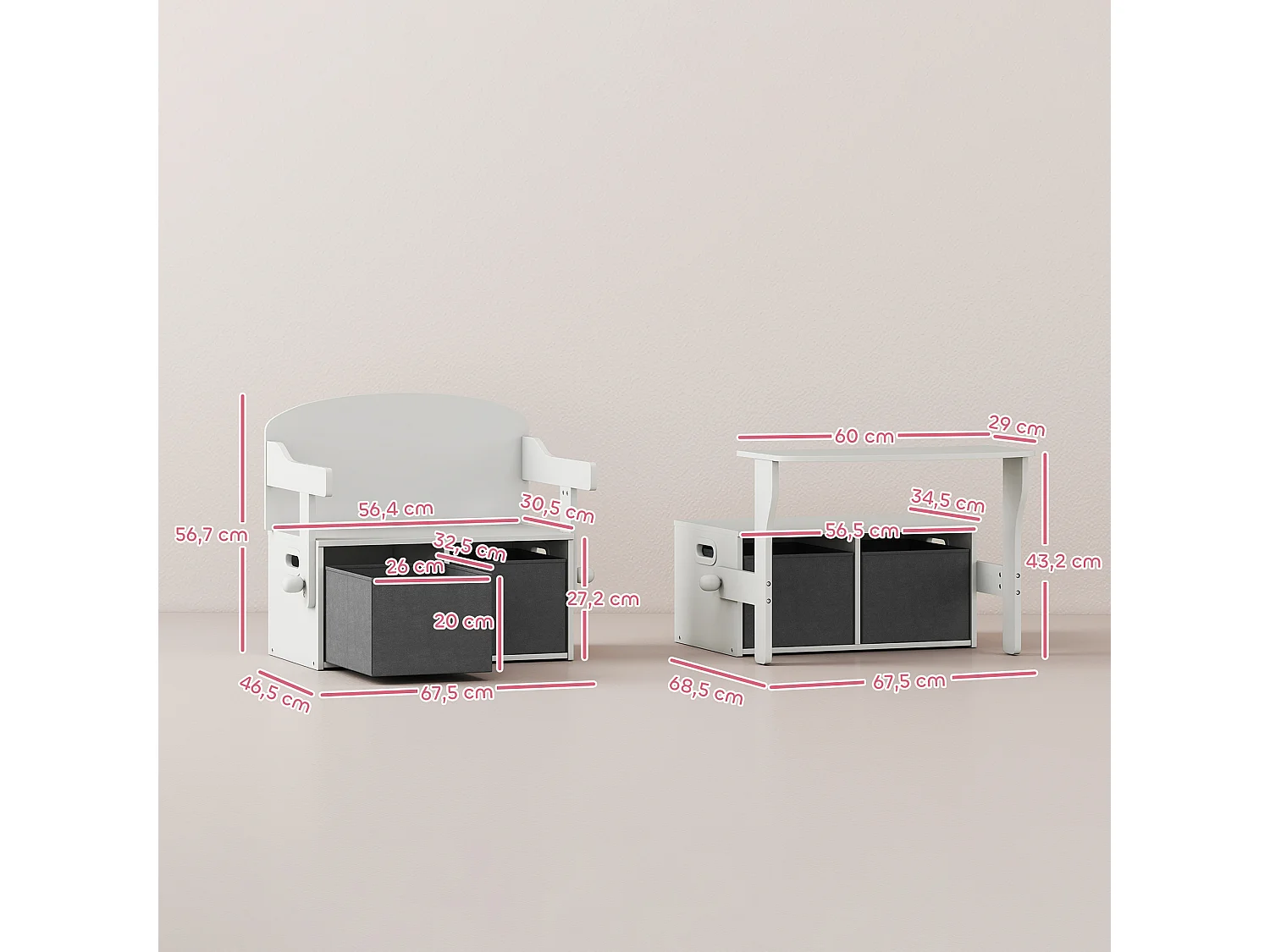 Banc enfant bureau enfant coffre à jouets 3 en 1 gris blanc