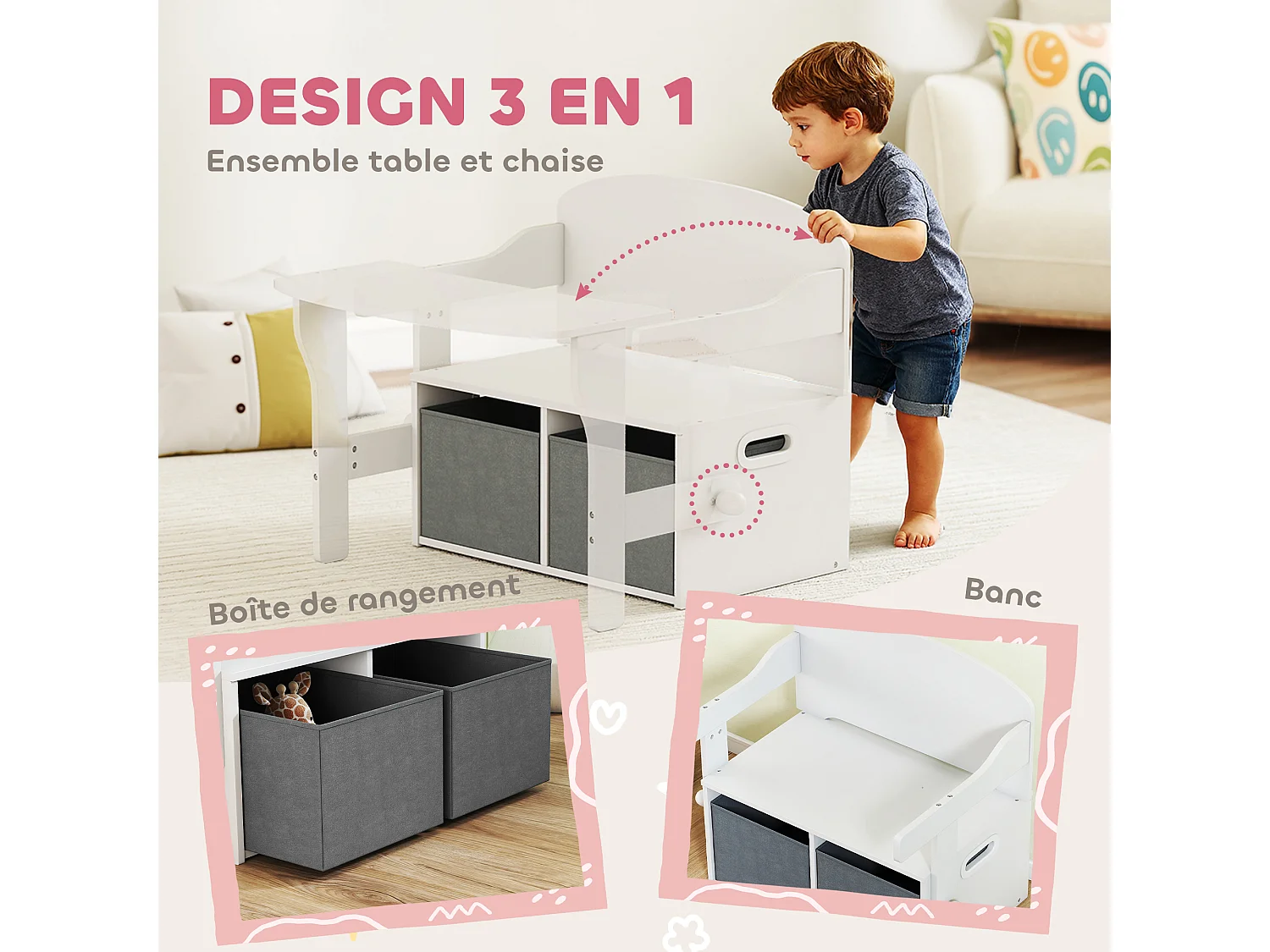 Banc enfant bureau enfant coffre à jouets 3 en 1 gris blanc