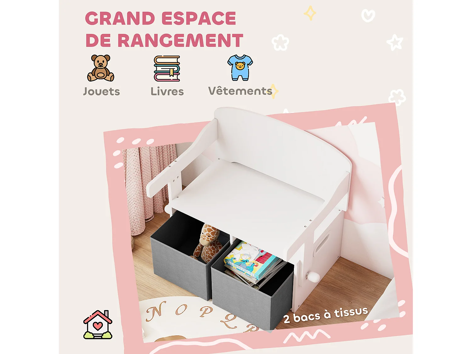 Banc enfant bureau enfant coffre à jouets 3 en 1 gris blanc