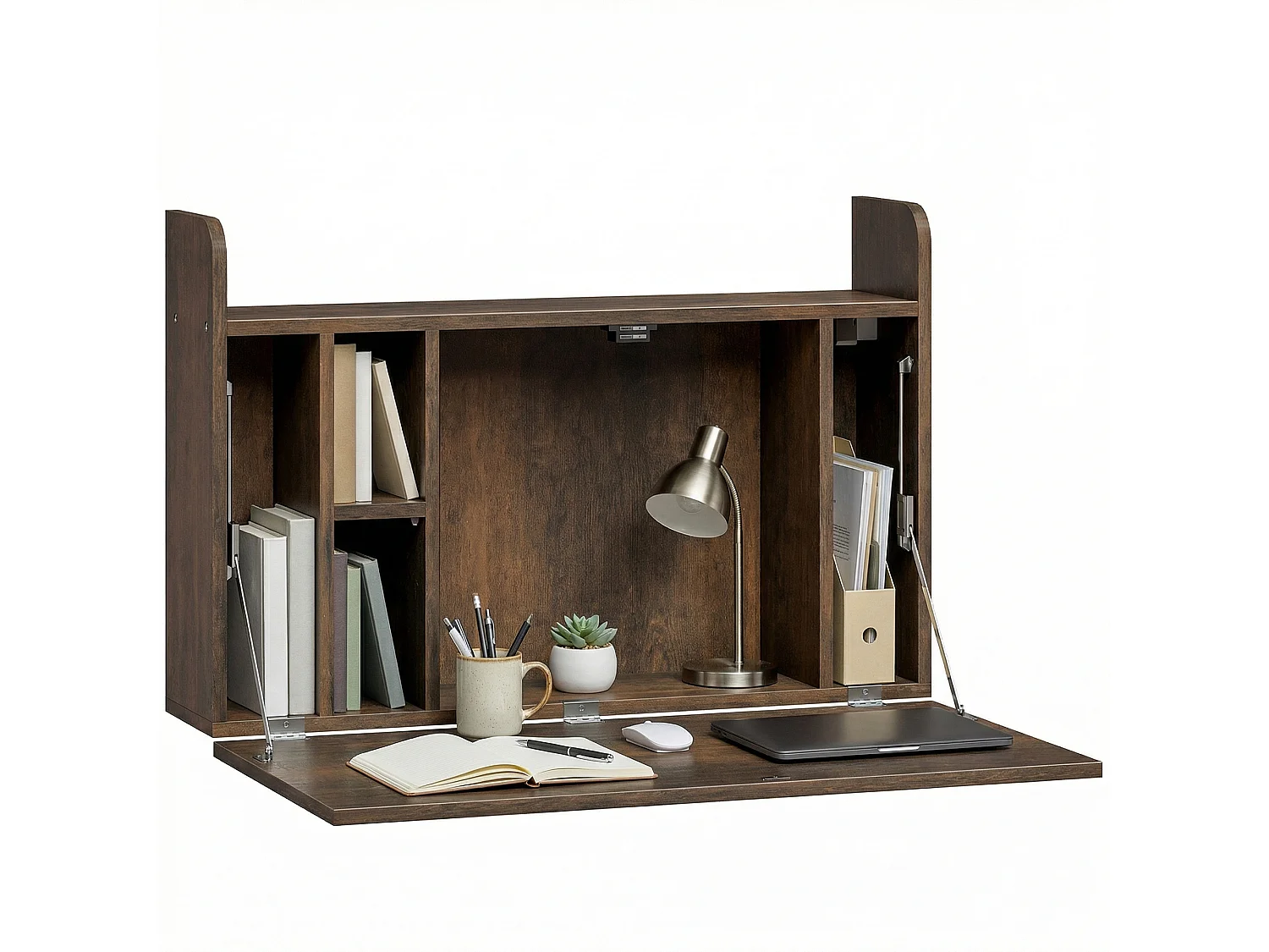 Bureau mural pliable - table murale rabattable - 5 niches, étagère - effet bois vieilli