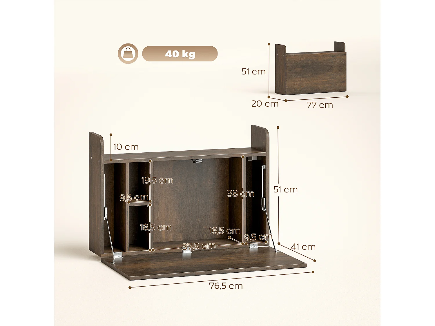 Bureau mural pliable - table murale rabattable - 5 niches, étagère - effet bois vieilli