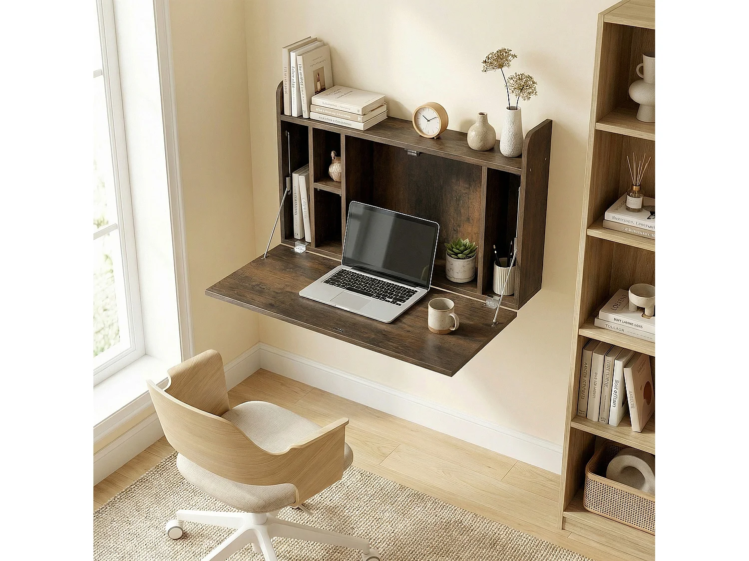 Bureau mural pliable - table murale rabattable - 5 niches, étagère - effet bois vieilli