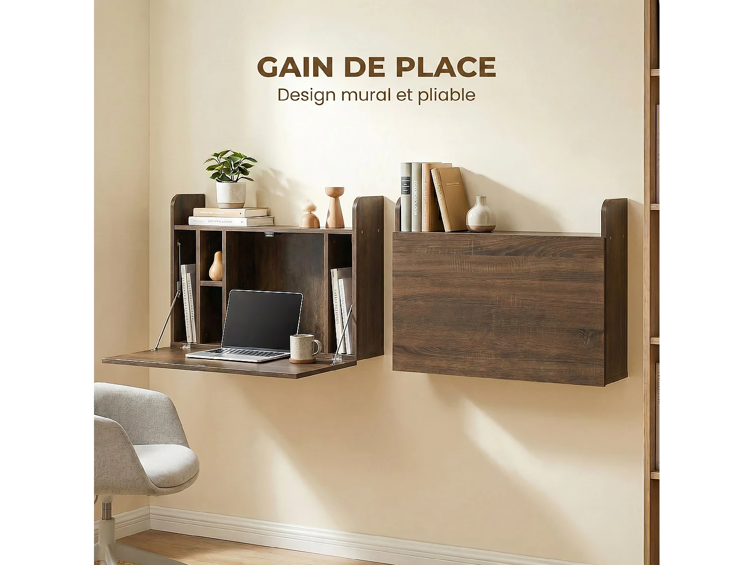 Bureau mural pliable - table murale rabattable - 5 niches, étagère - effet bois vieilli