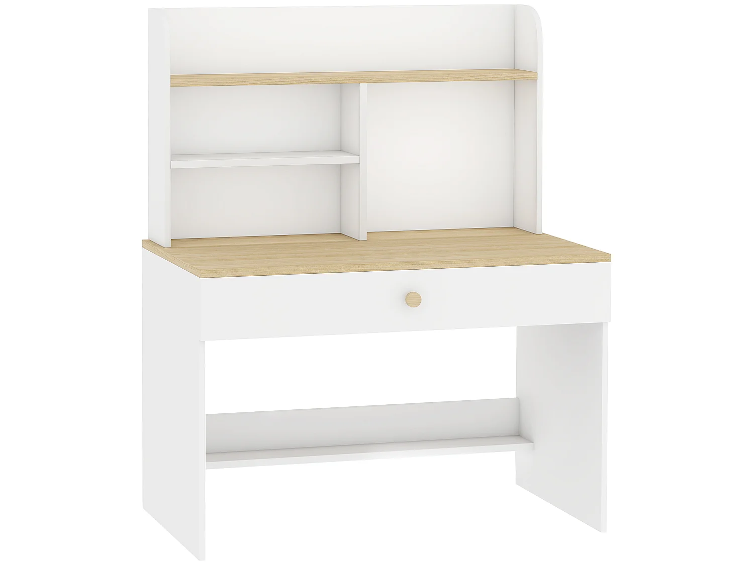 Bureau enfant style nordique bois clair blanc tiroir 2 étagères 2 niches