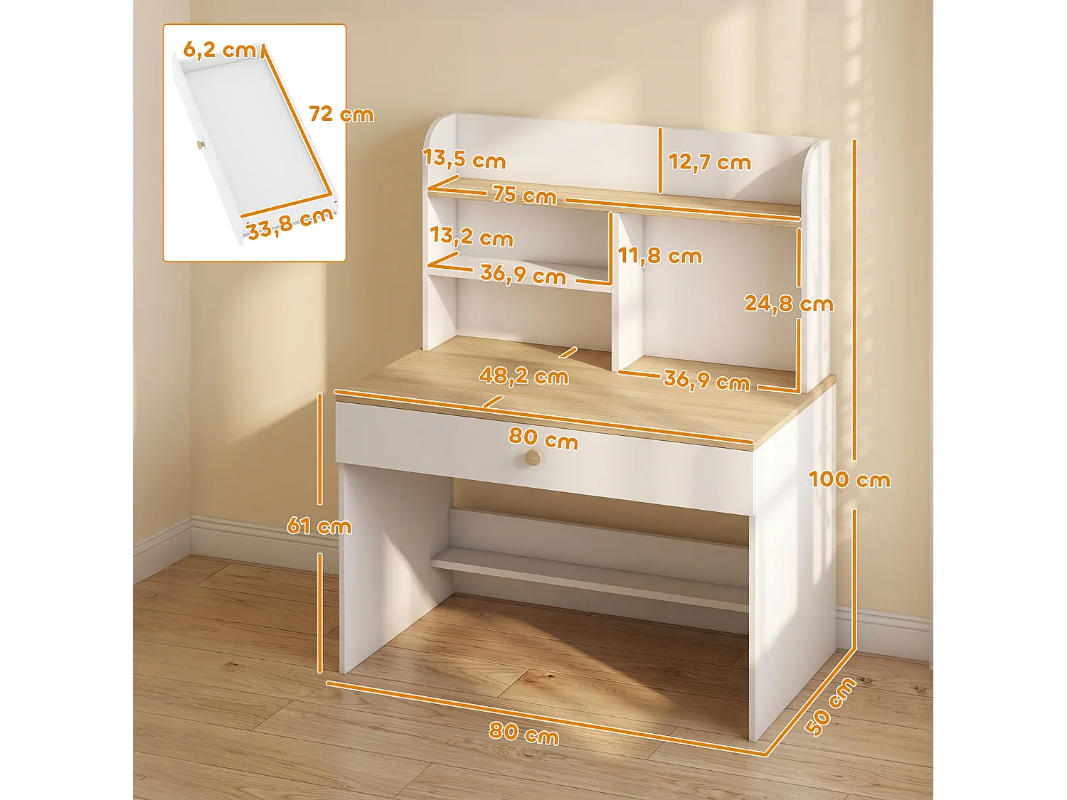 Bureau enfant style nordique bois clair blanc tiroir 2 étagères 2 niches