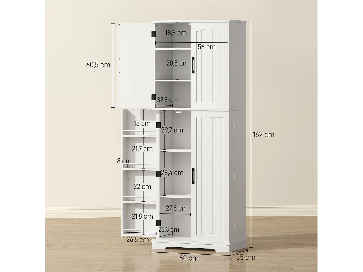 Buffet haut cuisine 4 portes 10 compartiments 8 porte-épices 60 x 35 x 162 cm blanc