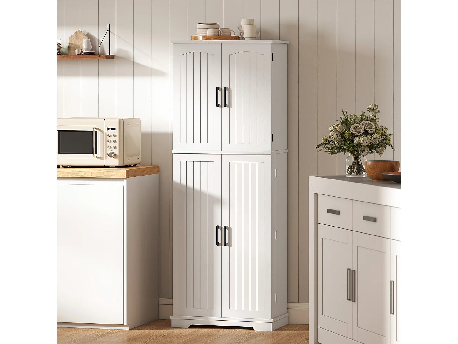 Buffet haut cuisine 4 portes 10 compartiments 8 porte-épices 60 x 35 x 162 cm blanc