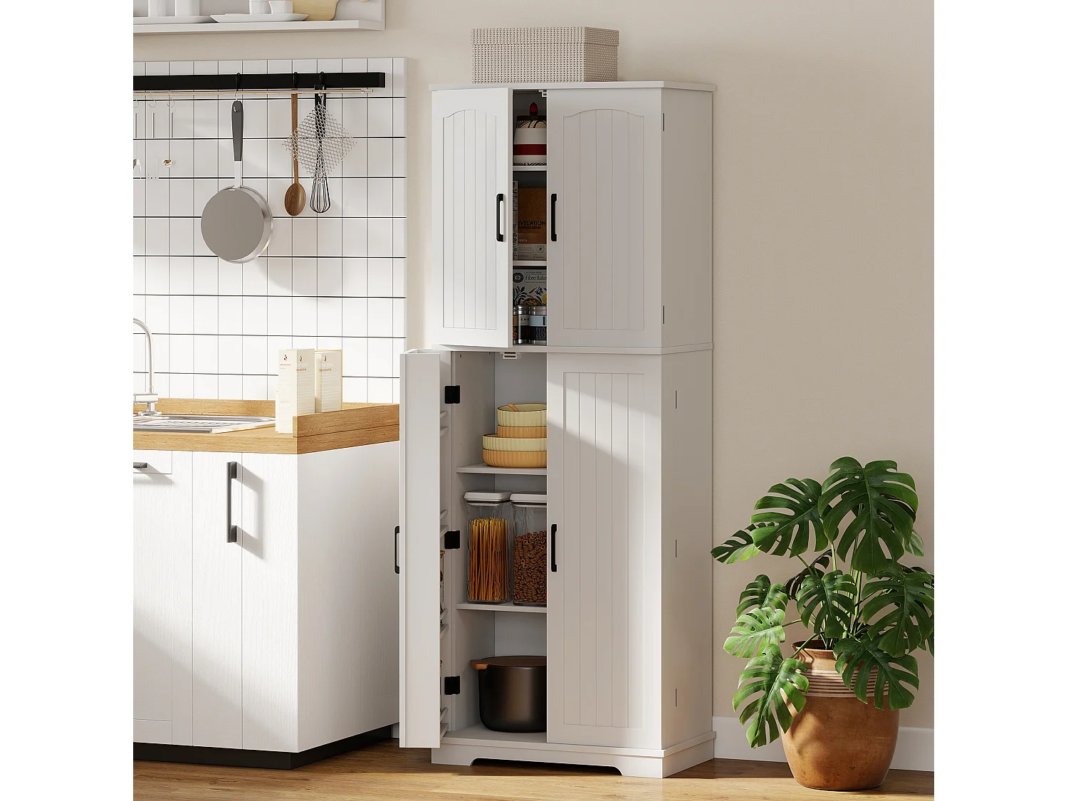 Buffet haut cuisine 4 portes 10 compartiments 8 porte-épices 60 x 35 x 162 cm blanc
