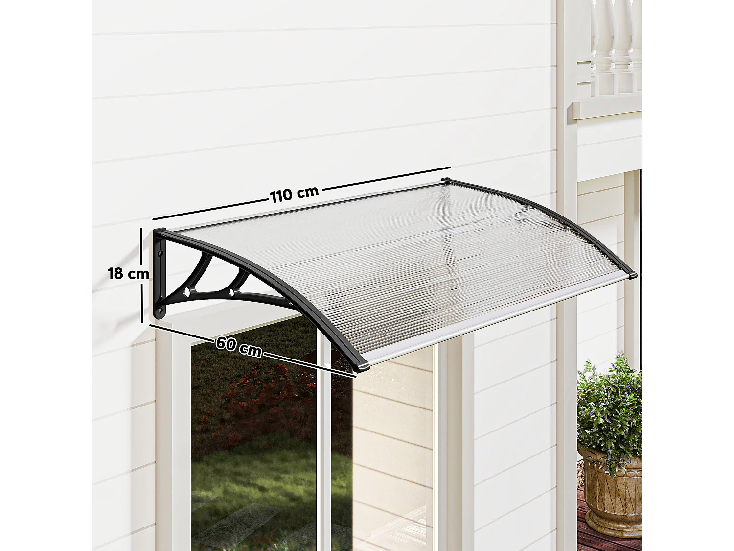 Auvent marquise de porte design voûté arrondi dim. 110x60x18cm alu polycarbonate plastique noir