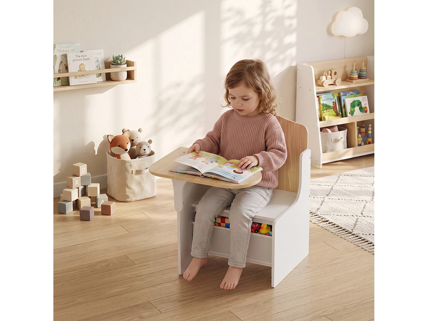 Bureau et chaise pour enfants avec bac de rangement bois blanc