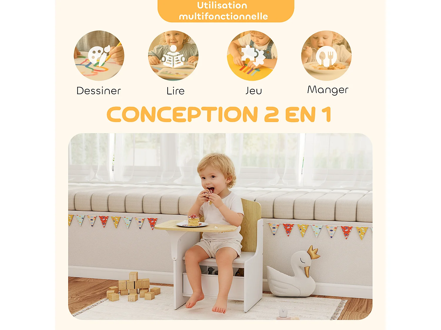 Bureau et chaise pour enfants avec bac de rangement bois blanc