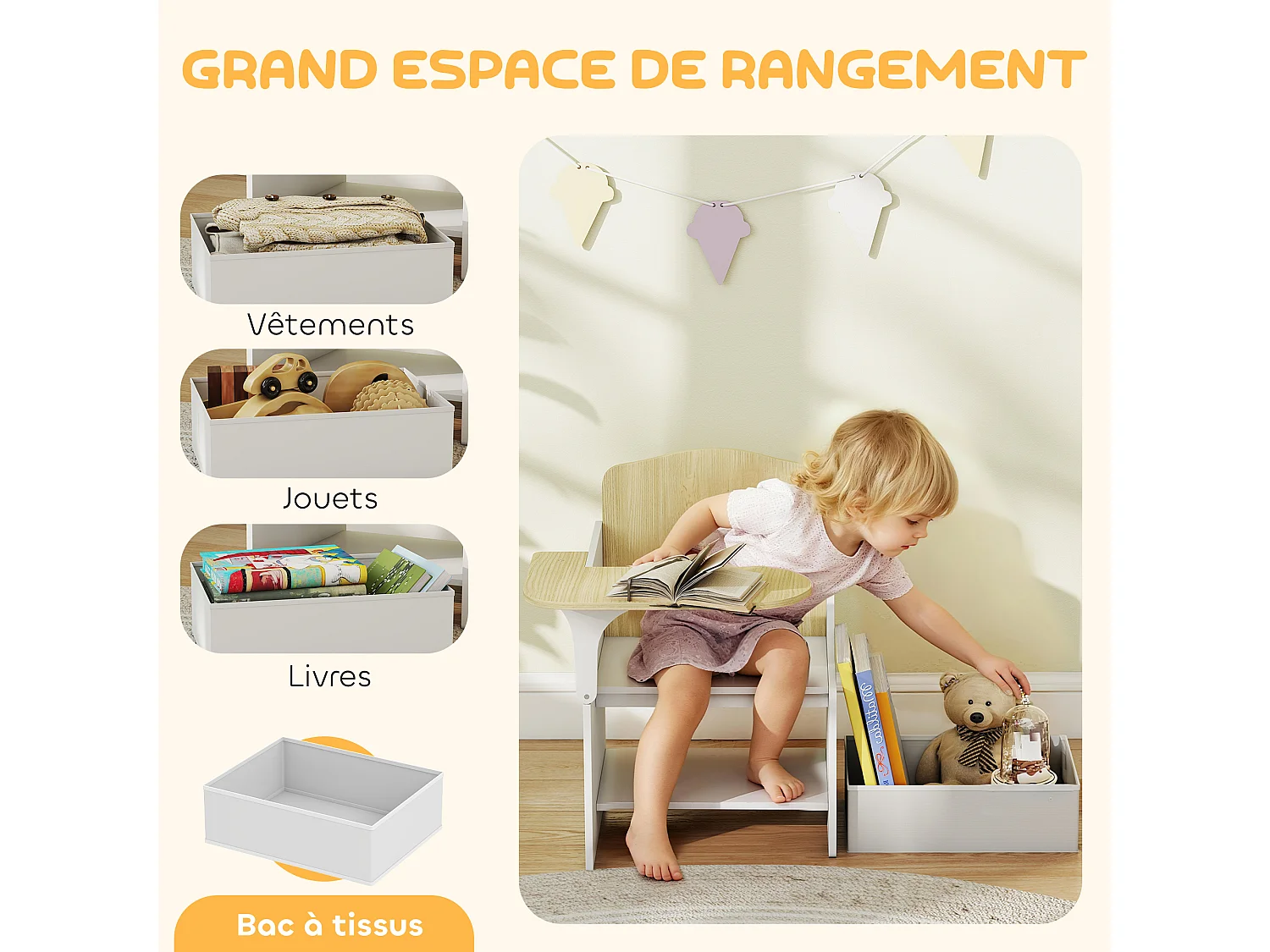 Bureau et chaise pour enfants avec bac de rangement bois blanc