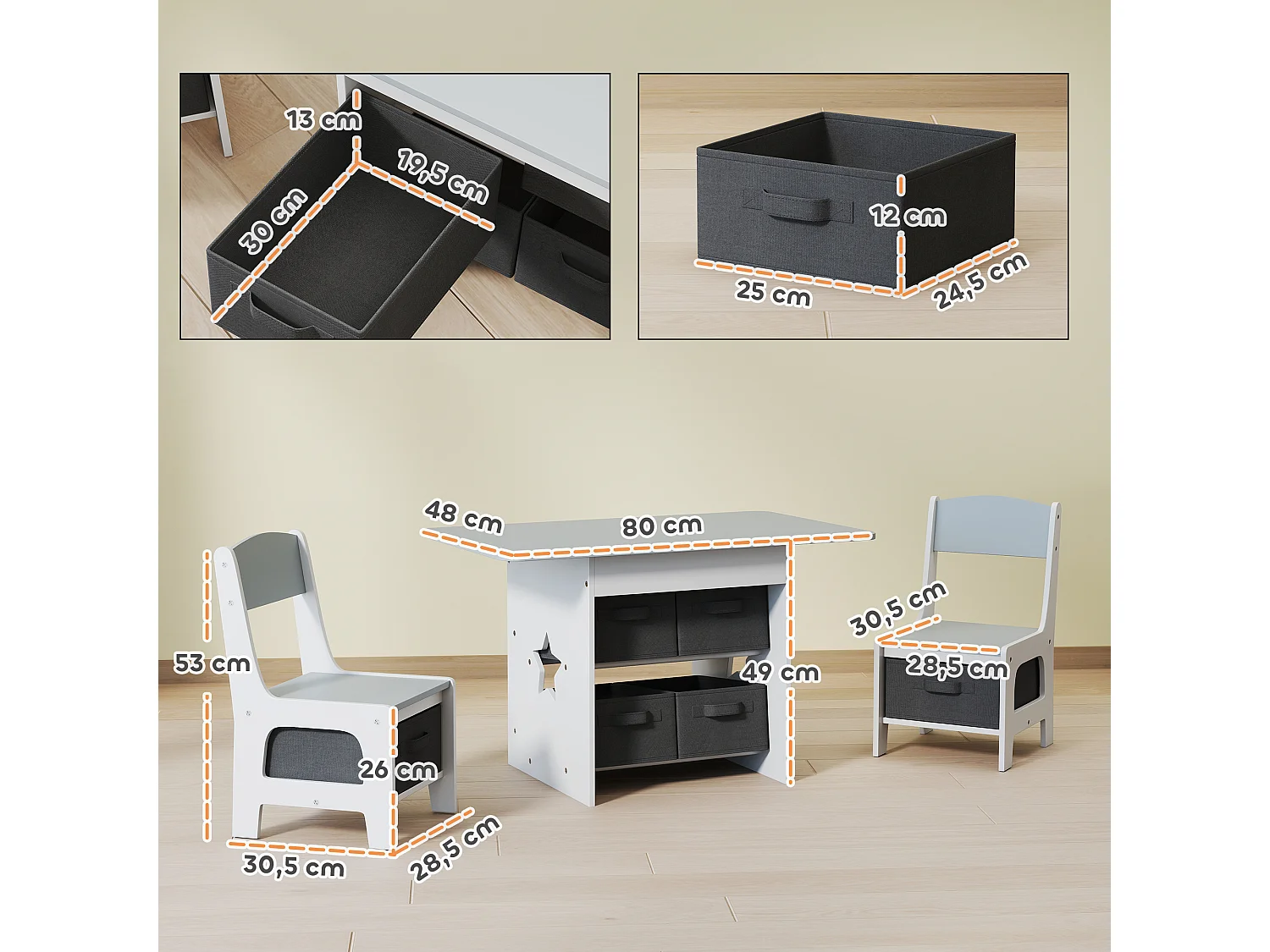 Ensemble table et chaises enfant design étoile bicolore gris clair blanc multi-rangement 6 tiroirs non tissés
