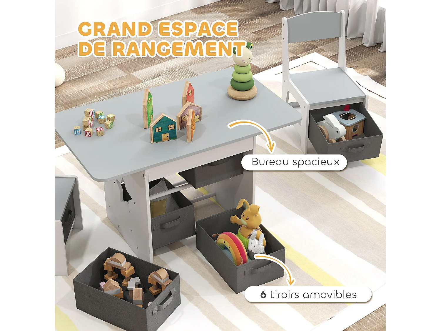 Ensemble table et chaises enfant design étoile bicolore gris clair blanc multi-rangement 6 tiroirs non tissés