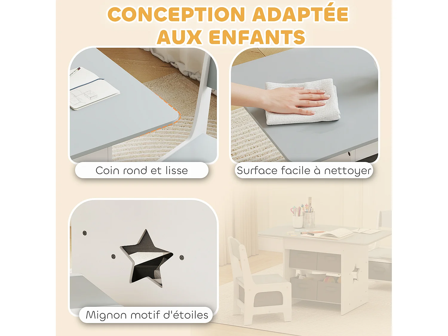 Ensemble table et chaises enfant design étoile bicolore gris clair blanc multi-rangement 6 tiroirs non tissés