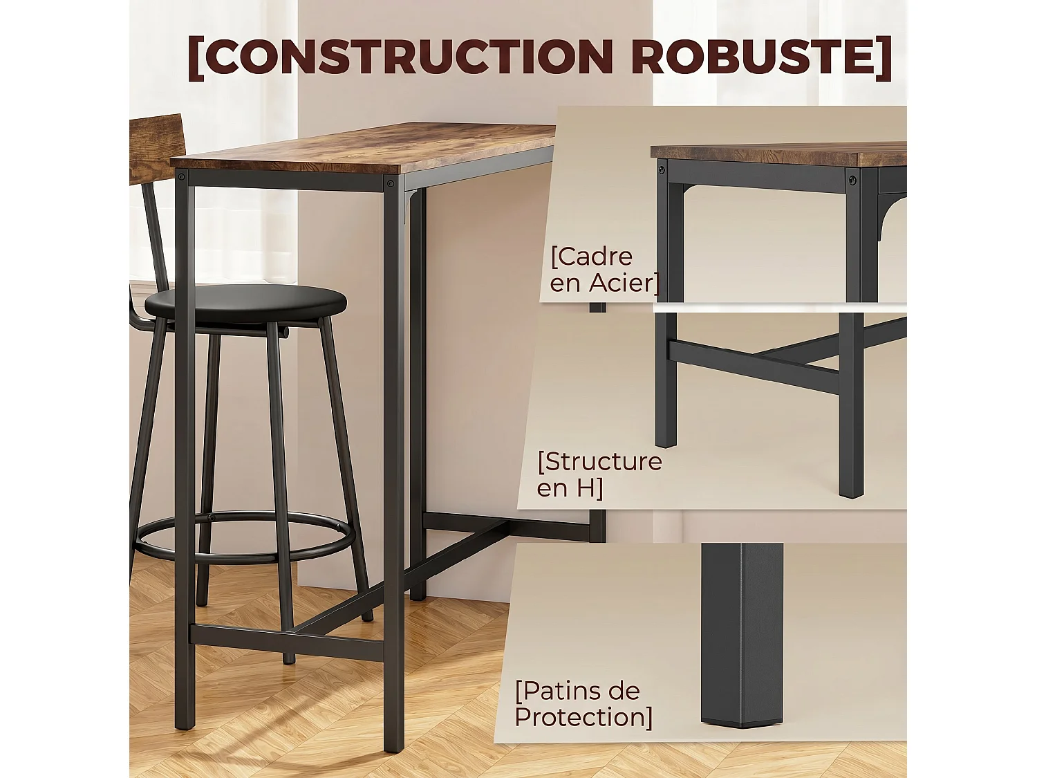 Ensemble table de bar 2 chaises hautes style industriel métal noir effet bois vieilli