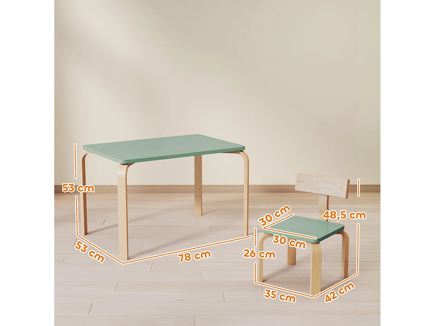 Ensemble table et chaises enfant en bois style néo-rétro naturel vert d'eau