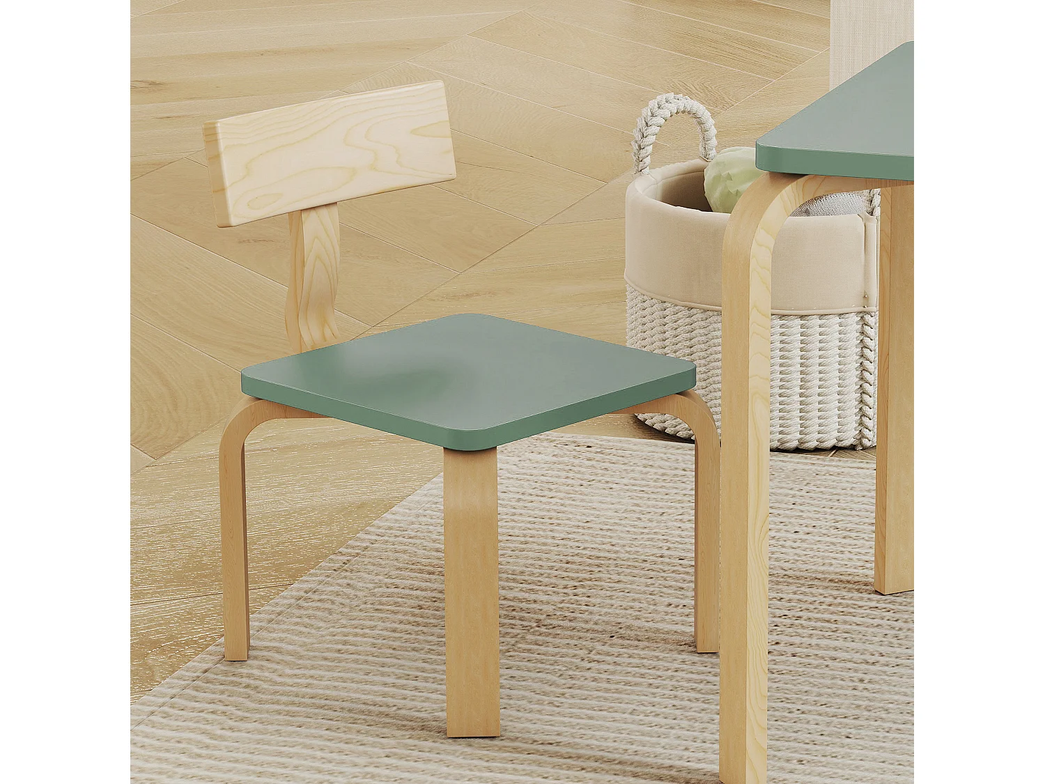 Ensemble table et chaises enfant en bois style néo-rétro naturel vert d'eau