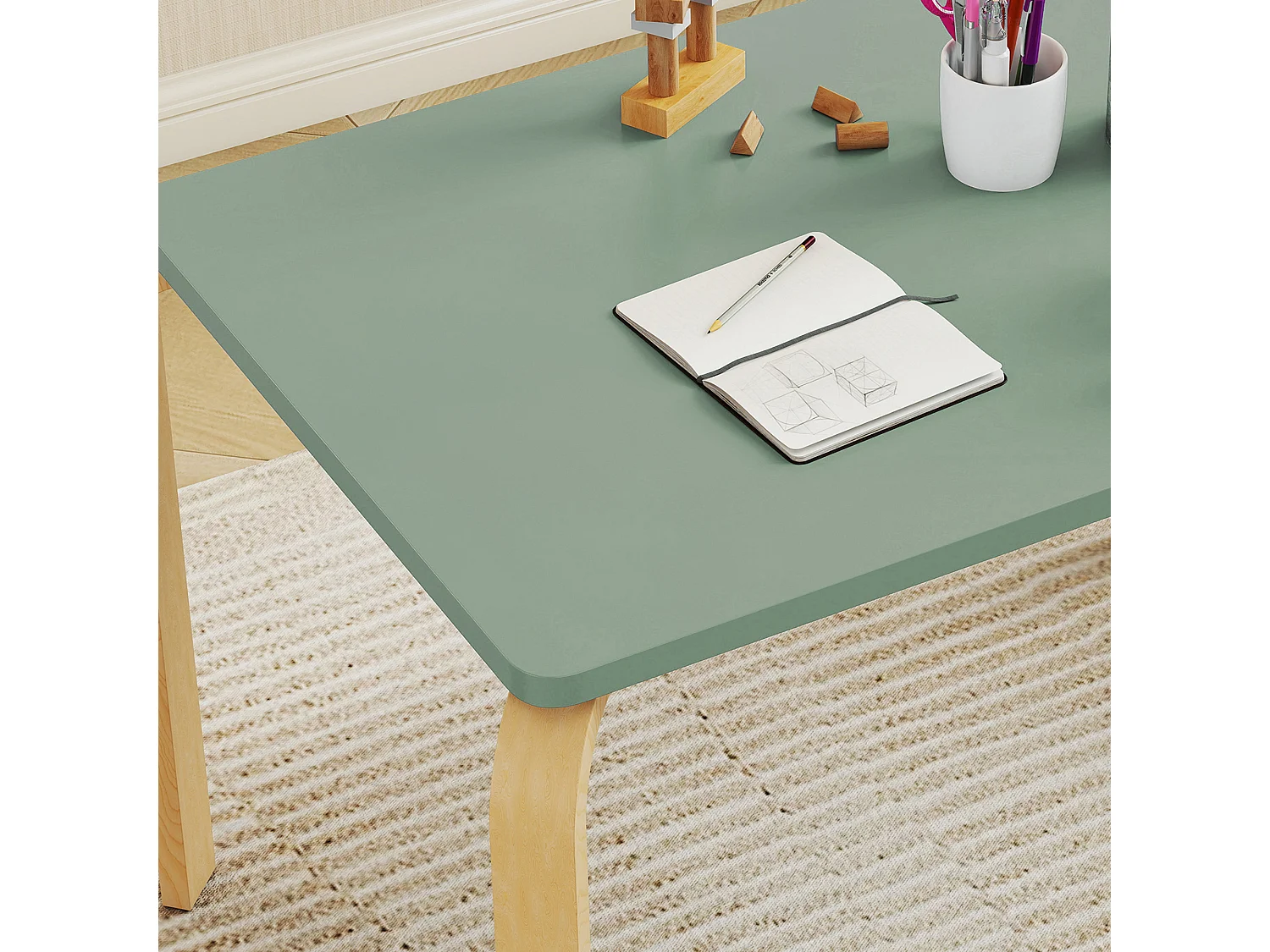 Ensemble table et chaises enfant en bois style néo-rétro naturel vert d'eau
