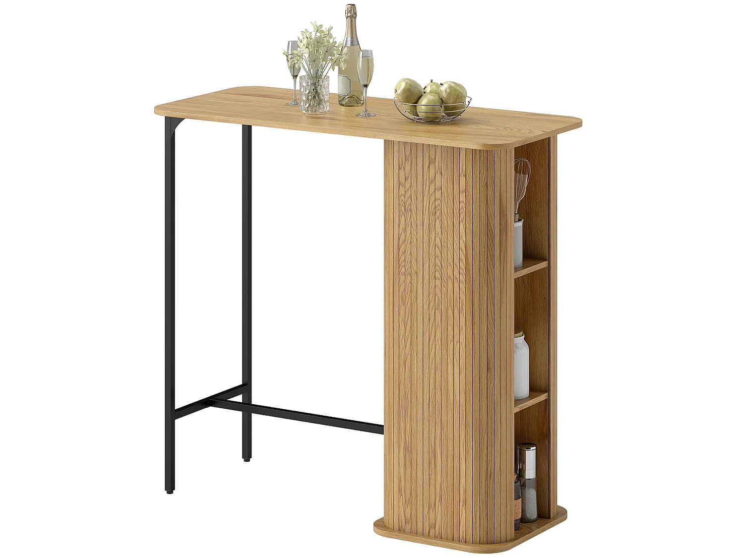 Table de bar table haute table mange-debout design arrondi 3 étagères métal noir effet bois