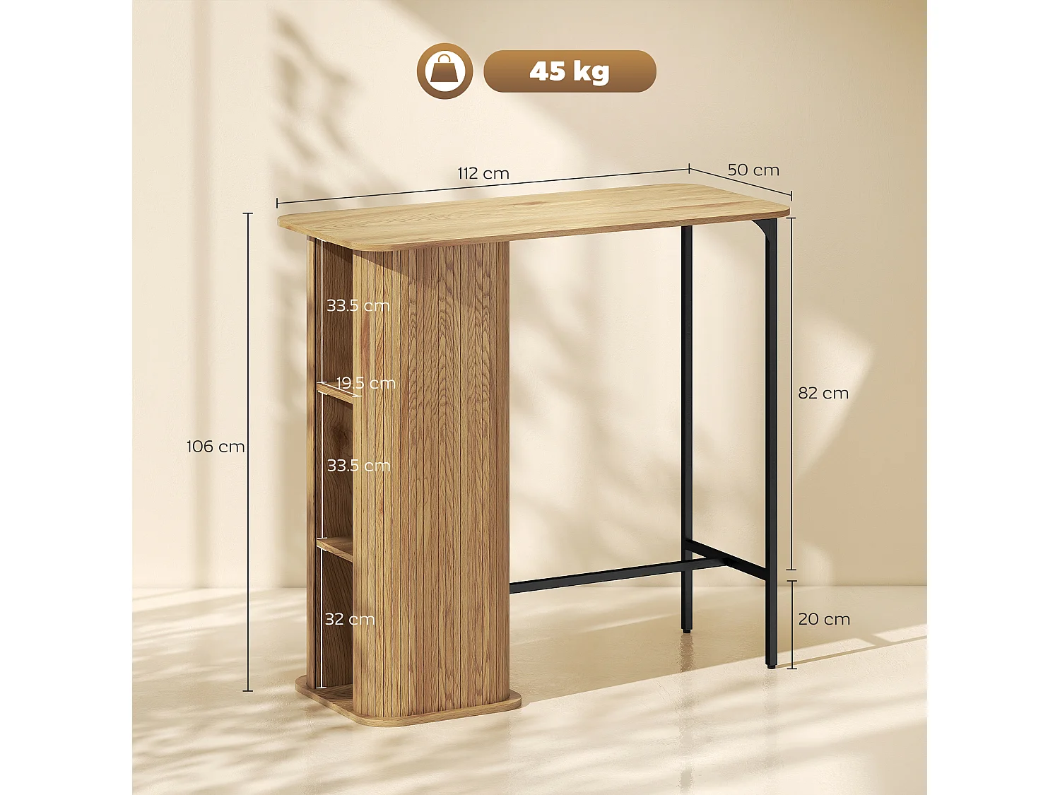 Table de bar table haute table mange-debout design arrondi 3 étagères métal noir effet bois